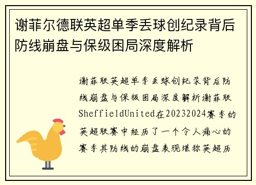 谢菲尔德联英超单季丢球创纪录背后防线崩盘与保级困局深度解析
